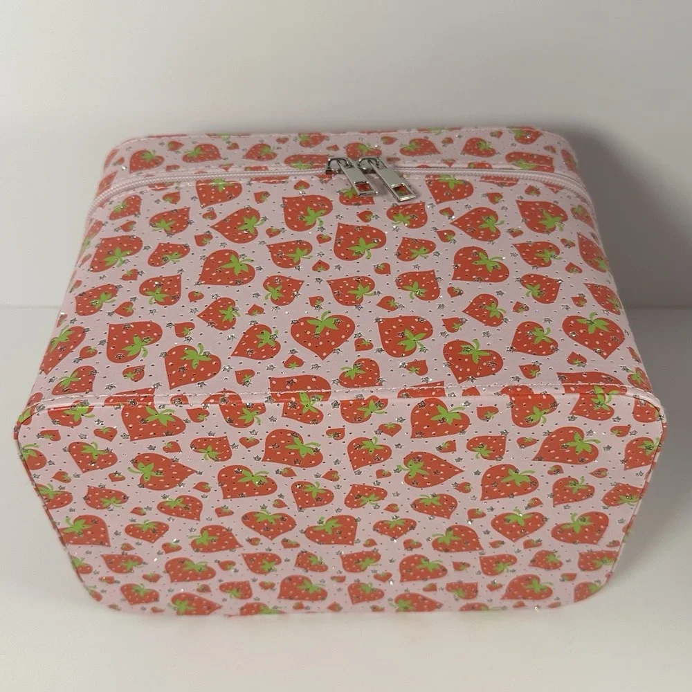 Pink Strawberry Makeup Train Case Cosmetic Bag Glitter Vanity Storage Case Y2K